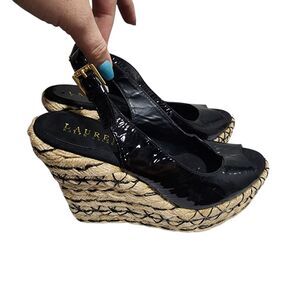 Lauren Ralph Lauren Black Patent Espadrille Wedge Sandals Ankle Strap